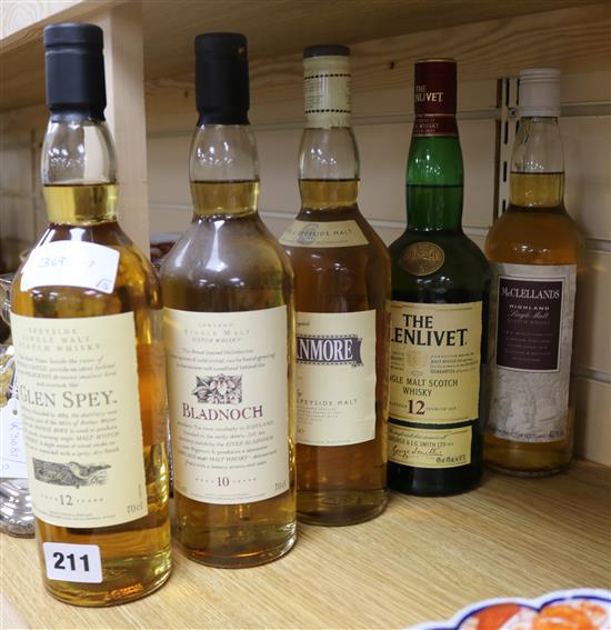 5 bottles of Whisky- McClellands, The Glenlivet, Cragganmore, Bladnoch and Glen Spey,